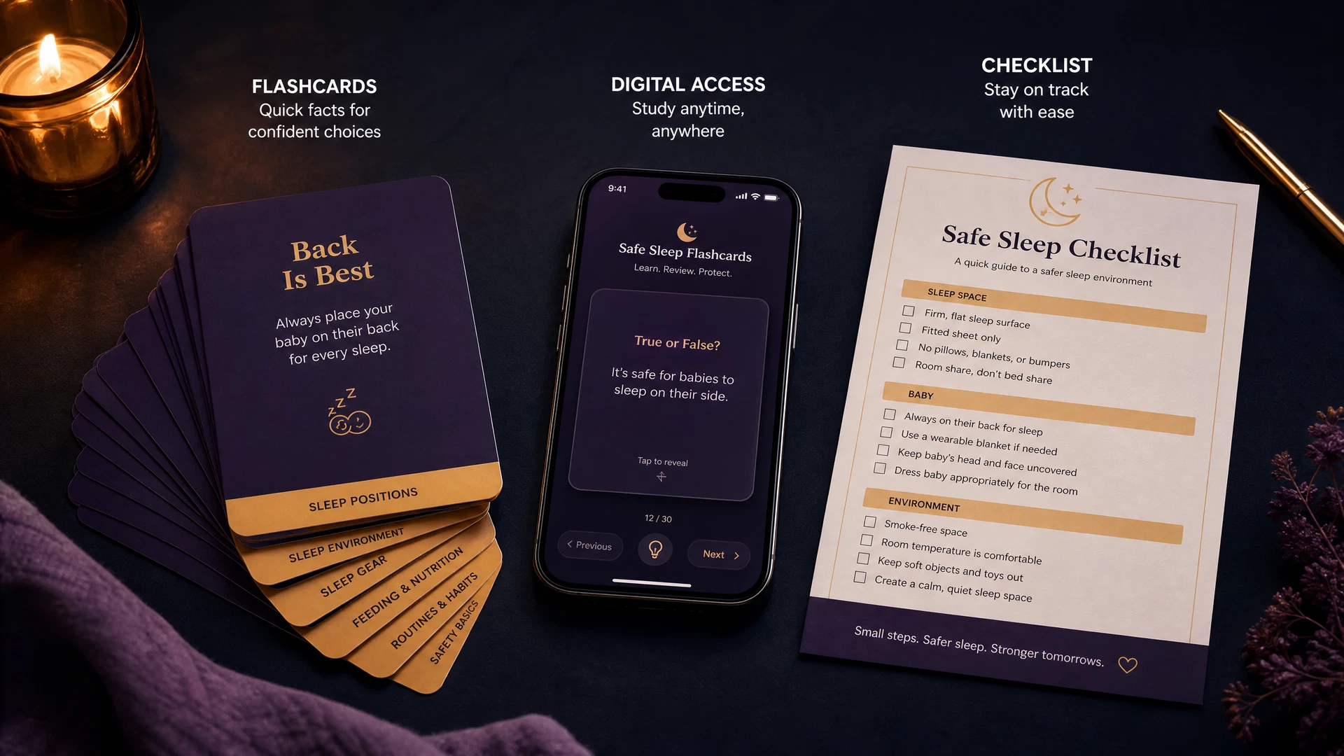 Everything you get with the 2 A.M. Newborn Survival Deck: flashcards, digital access, checklist