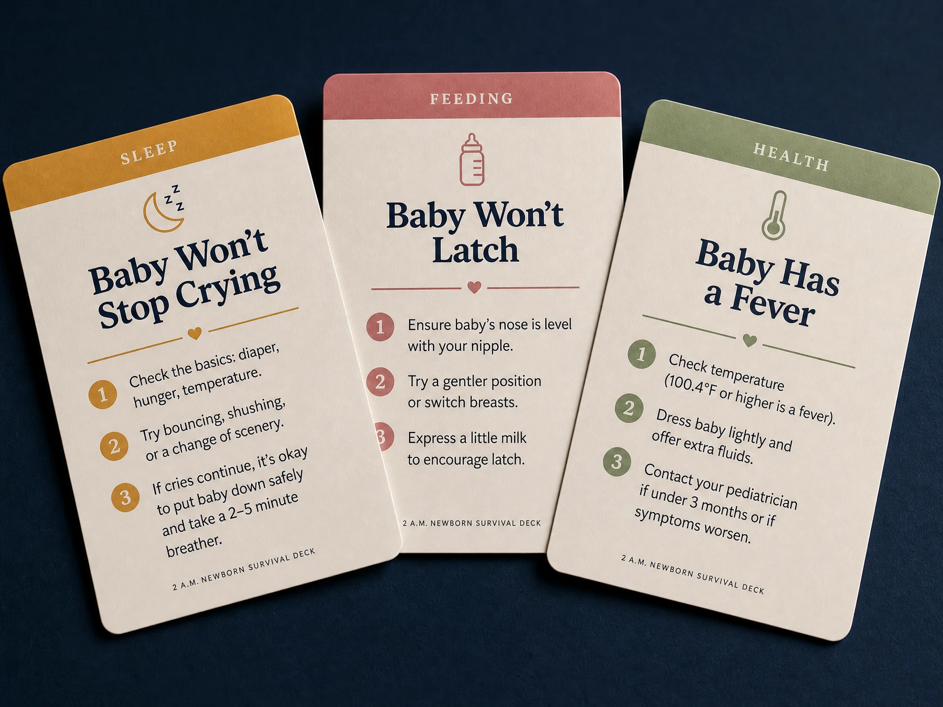 Preview of three cards from the 2 A.M. Newborn Survival Deck