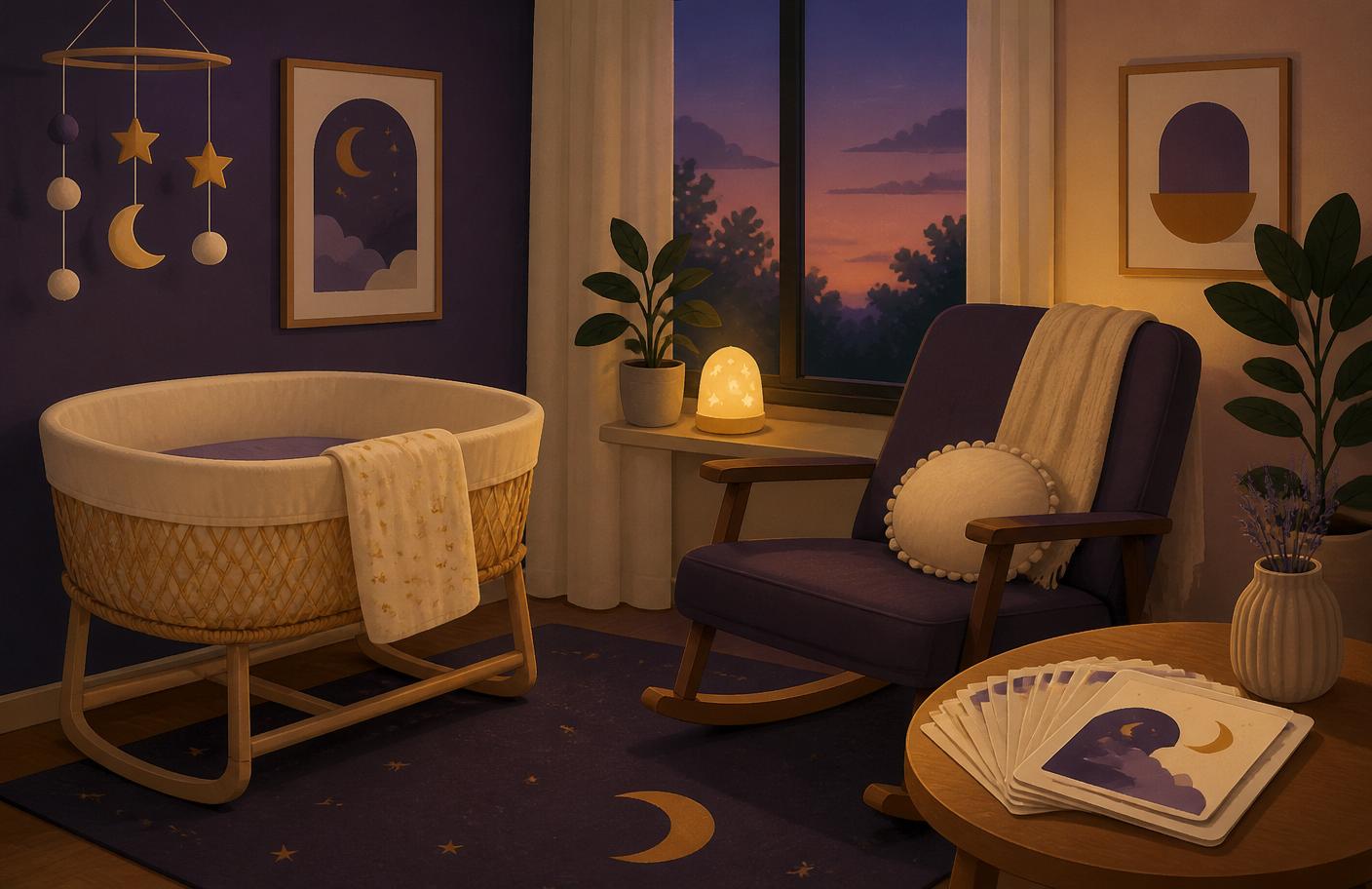 Illustrated warm nursery at dusk with bassinet, rocking chair, and a stack of sleep kit cards on a side table