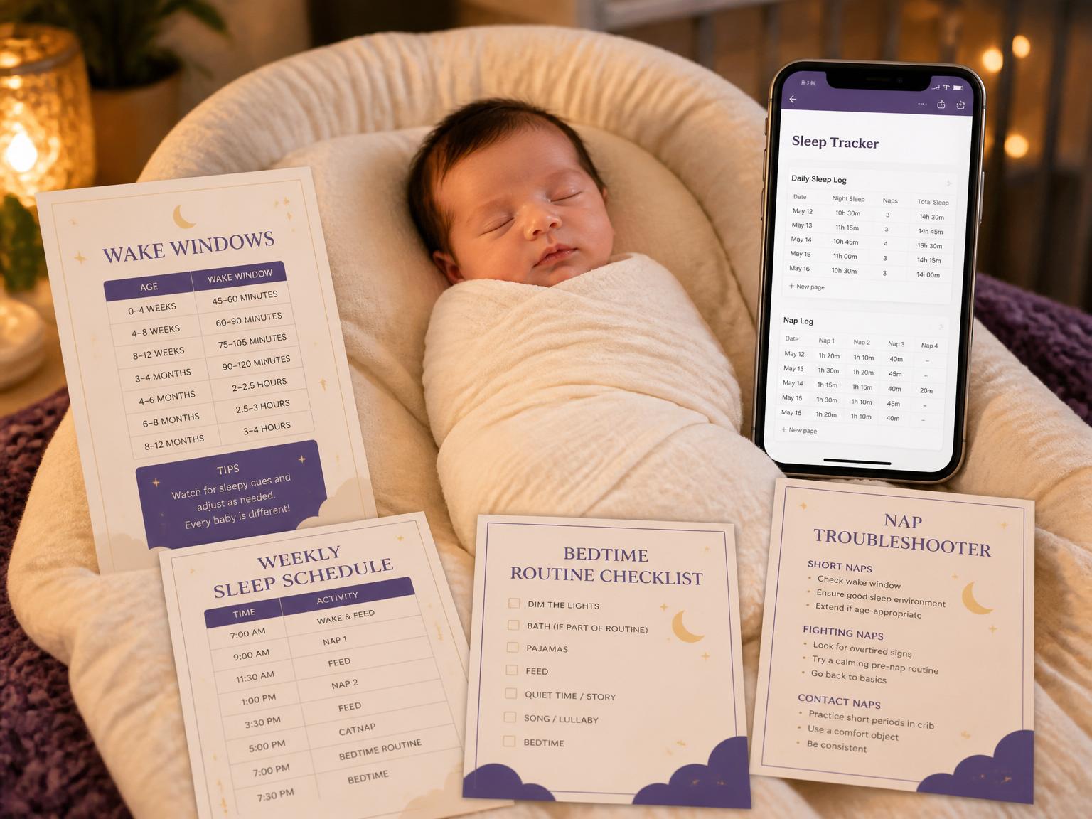 Newborn Sleep Quick-Start Kit — a sleeping swaddled baby surrounded by the printed wake windows chart, weekly sleep schedule, bedtime routine checklist, and nap troubleshooter card, plus a phone showing the sleep tracker