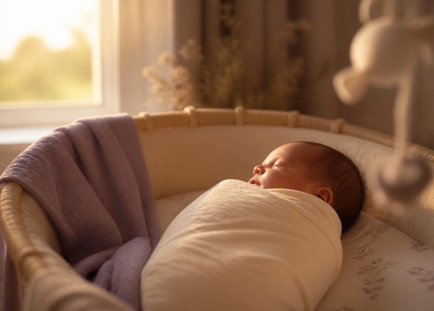 Newborn swaddled in cream muslin, sleeping peacefully in a bassinet at golden hour