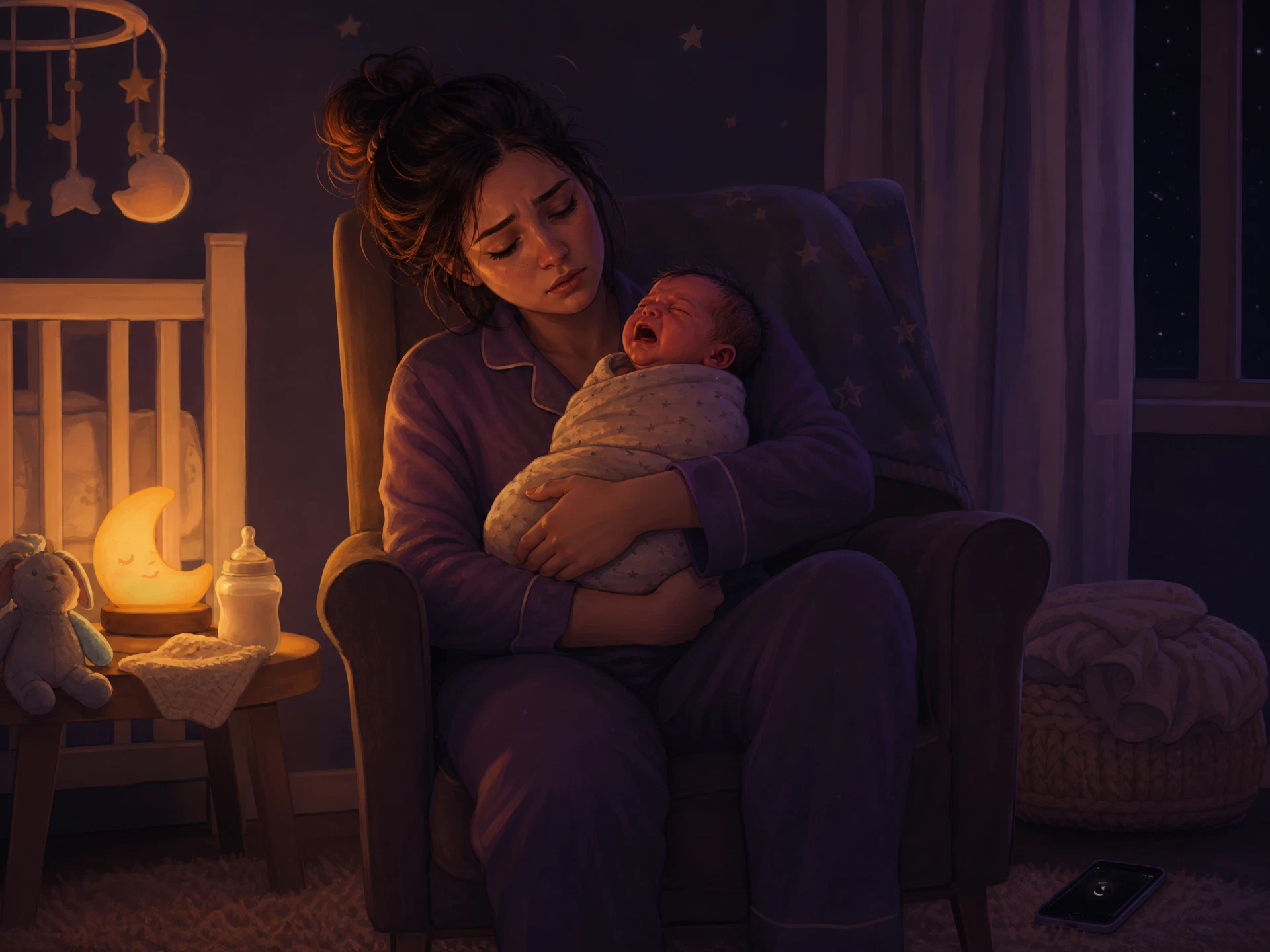 Exhausted parent holding a crying newborn in a dim nursery at 2 A.M.